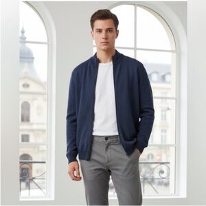 MONTECHIARO Zipped CARDIGAN Size 56 US XL With Pockets Blue Virgin Wool Cotton